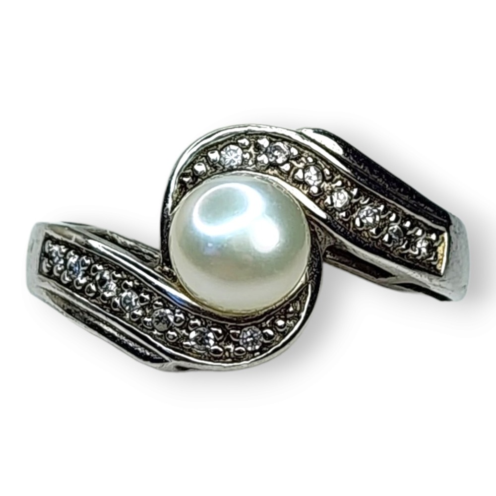 NV‎ Ring 925 Sterling Silver 925 Size 5 Faux Pearl Rhinestone Bypass Swirl